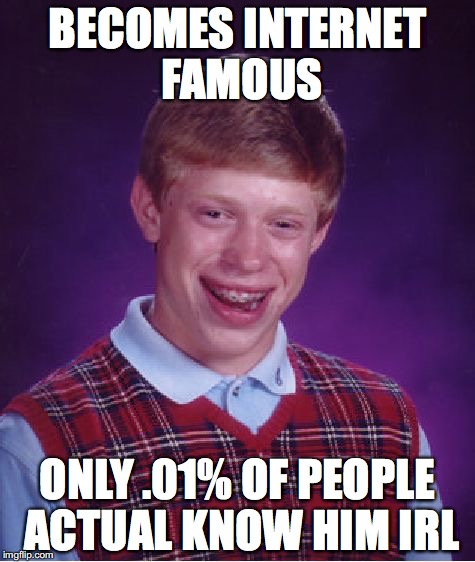 Bad Luck Brian Meme | BECOMES INTERNET FAMOUS; ONLY .01% OF PEOPLE ACTUAL KNOW HIM IRL | image tagged in memes,bad luck brian | made w/ Imgflip meme maker