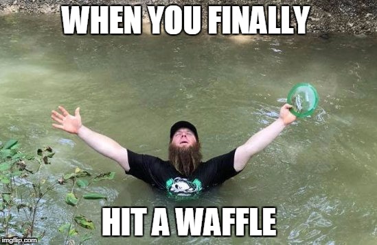 WHEN YOU FINALLY; HIT A WAFFLE | image tagged in stu disc golf | made w/ Imgflip meme maker