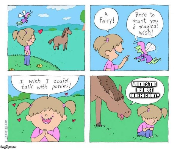 I wish i could talk to ponies | WHERE'S THE NEAREST GLUE FACTORY? | image tagged in i wish i could talk to ponies | made w/ Imgflip meme maker