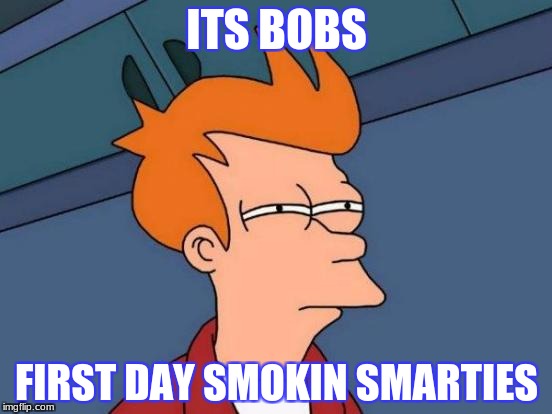 Futurama Fry | ITS BOBS; FIRST DAY SMOKIN SMARTIES | image tagged in memes,futurama fry | made w/ Imgflip meme maker