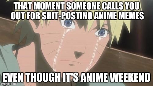 Finishing anime | THAT MOMENT SOMEONE CALLS YOU OUT FOR SHIT-POSTING ANIME MEMES; EVEN THOUGH IT'S ANIME WEEKEND | image tagged in finishing anime | made w/ Imgflip meme maker