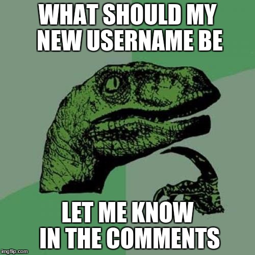 if you  saw my other meme i made then answer this one | WHAT SHOULD MY NEW USERNAME BE; LET ME KNOW IN THE COMMENTS | image tagged in memes,philosoraptor | made w/ Imgflip meme maker