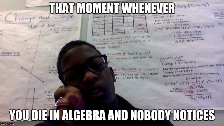 Death by algebra | THAT MOMENT WHENEVER; YOU DIE IN ALGEBRA AND NOBODY NOTICES | image tagged in boredom | made w/ Imgflip meme maker