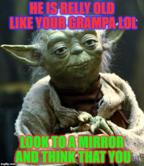 Star Wars Yoda Meme | HE IS RELLY OLD LIKE YOUR GRAMPA LOL; LOOK TO A MIRROR AND THINK THAT YOU | image tagged in memes,star wars yoda | made w/ Imgflip meme maker