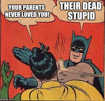 Batman Slapping Robin Meme | YOUR PARENTS NEVER LOVED YOU! THEIR DEAD STUPID | image tagged in memes,batman slapping robin | made w/ Imgflip meme maker