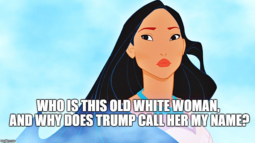 Elizabeth Warren just can't get off the hook with Trump | WHO IS THIS OLD WHITE WOMAN, AND WHY DOES TRUMP CALL HER MY NAME? | image tagged in disney pocohontas,disney,elizabeth warren,donald trump,politics | made w/ Imgflip meme maker