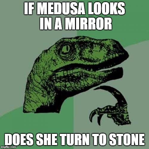 Philosoraptor | IF MEDUSA LOOKS IN A MIRROR; DOES SHE TURN TO STONE | image tagged in memes,philosoraptor | made w/ Imgflip meme maker
