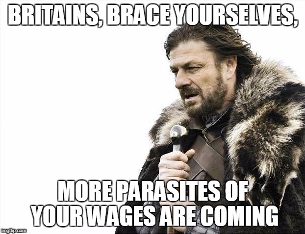 Brace Yourselves X is Coming Meme | BRITAINS, BRACE YOURSELVES, MORE PARASITES OF YOUR WAGES ARE COMING | image tagged in memes,brace yourselves x is coming | made w/ Imgflip meme maker