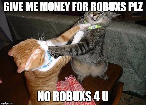 so true | GIVE ME MONEY FOR ROBUXS PLZ; NO ROBUXS 4 U | image tagged in two cats fighting for real | made w/ Imgflip meme maker