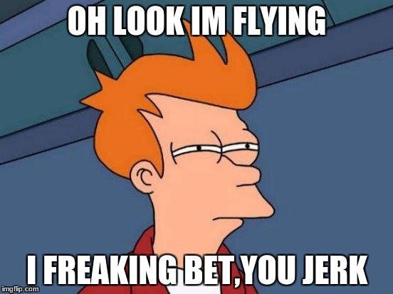 Futurama Fry Meme | OH LOOK IM FLYING; I FREAKING BET,YOU JERK | image tagged in memes,futurama fry | made w/ Imgflip meme maker