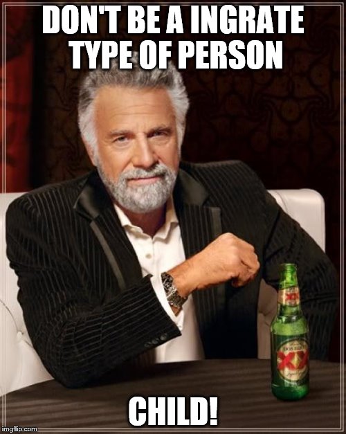 The Most Interesting Man In The World Meme | DON'T BE A INGRATE TYPE OF PERSON; CHILD! | image tagged in memes,the most interesting man in the world | made w/ Imgflip meme maker