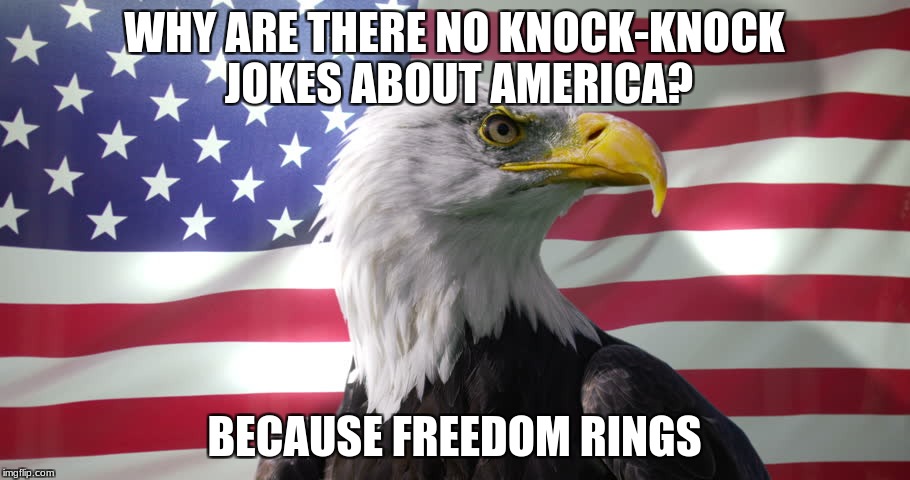 Bald Eagle with American Flag | WHY ARE THERE NO KNOCK-KNOCK JOKES ABOUT AMERICA? BECAUSE FREEDOM RINGS | image tagged in bald eagle with american flag | made w/ Imgflip meme maker