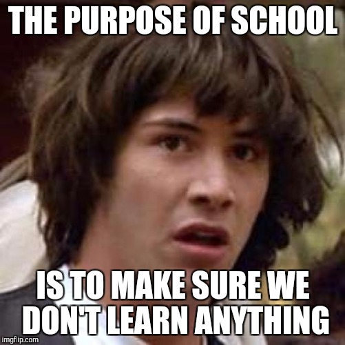 Conspiracy Keanu Meme | THE PURPOSE OF SCHOOL; IS TO MAKE SURE WE DON'T LEARN ANYTHING | image tagged in memes,conspiracy keanu | made w/ Imgflip meme maker