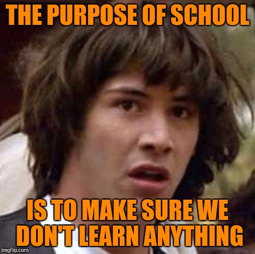 Conspiracy Keanu Meme | THE PURPOSE OF SCHOOL IS TO MAKE SURE WE DON'T LEARN ANYTHING | image tagged in memes,conspiracy keanu | made w/ Imgflip meme maker