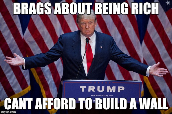 Donald Trump | BRAGS ABOUT BEING RICH; CANT AFFORD TO BUILD A WALL | image tagged in donald trump | made w/ Imgflip meme maker