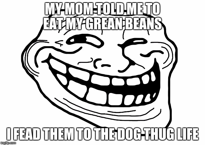 Troll Face | MY MOM TOLD ME TO EAT MY GREAN BEANS; I FEAD THEM TO THE DOG THUG LIFE | image tagged in troll face | made w/ Imgflip meme maker