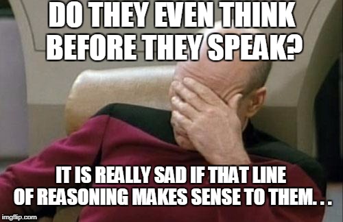 Captain Picard Facepalm Meme | DO THEY EVEN THINK BEFORE THEY SPEAK? IT IS REALLY SAD IF THAT LINE OF REASONING MAKES SENSE TO THEM. . . | image tagged in memes,captain picard facepalm | made w/ Imgflip meme maker