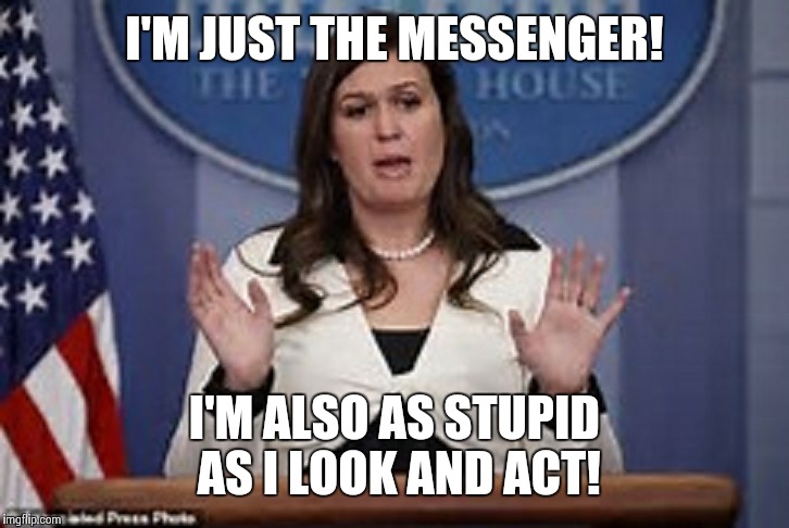 Trump's posse | I'M JUST THE MESSENGER! I'M ALSO AS STUPID AS I LOOK AND ACT! | image tagged in sarah huckabee sanders,donald trump | made w/ Imgflip meme maker