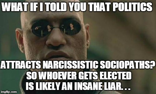 For people saying, "Trump is an insane liar!"  | WHAT IF I TOLD YOU THAT POLITICS ATTRACTS NARCISSISTIC SOCIOPATHS? SO WHOEVER GETS ELECTED IS LIKELY AN INSANE LIAR. . . | image tagged in matrix morpheus,sociopath,narcissist,liar,insane,politics | made w/ Imgflip meme maker