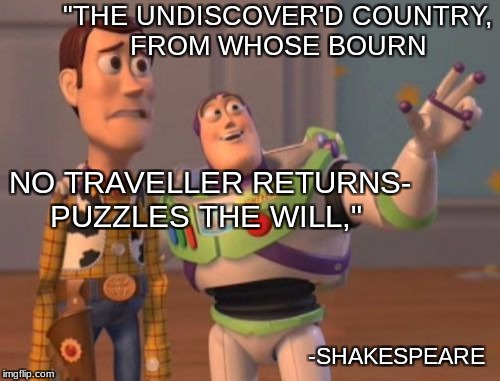 X, X Everywhere Meme | "THE UNDISCOVER'D COUNTRY, FROM WHOSE BOURN; NO TRAVELLER RETURNS- PUZZLES THE WILL,"; -SHAKESPEARE | image tagged in memes,x x everywhere | made w/ Imgflip meme maker