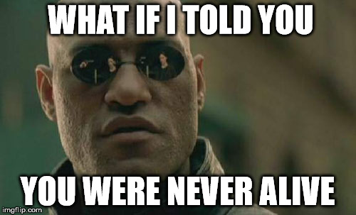 Matrix Morpheus Meme | WHAT IF I TOLD YOU YOU WERE NEVER ALIVE | image tagged in memes,matrix morpheus | made w/ Imgflip meme maker
