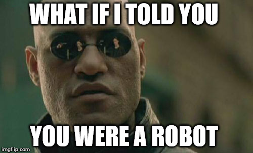 Matrix Morpheus Meme | WHAT IF I TOLD YOU YOU WERE A ROBOT | image tagged in memes,matrix morpheus | made w/ Imgflip meme maker