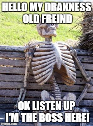 Waiting Skeleton Meme | HELLO MY DRAKNESS OLD FREIND; OK LISTEN UP I'M THE BOSS HERE! | image tagged in memes,waiting skeleton | made w/ Imgflip meme maker