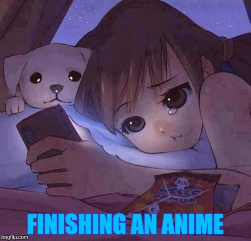 sad anime | FINISHING AN ANIME | image tagged in sad anime | made w/ Imgflip meme maker