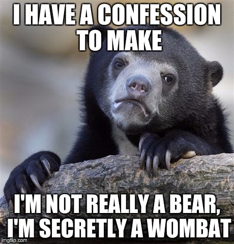 Confession Bear | I HAVE A CONFESSION TO MAKE; I'M NOT REALLY A BEAR, I'M SECRETLY A WOMBAT | image tagged in memes,confession bear | made w/ Imgflip meme maker