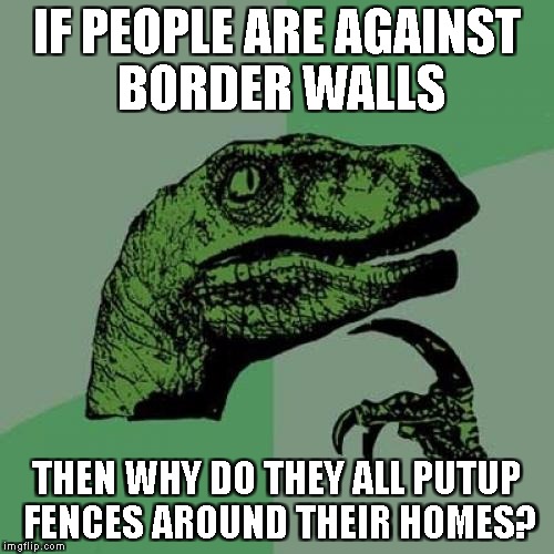 Philosoraptor Meme | IF PEOPLE ARE AGAINST BORDER WALLS; THEN WHY DO THEY ALL PUTUP FENCES AROUND THEIR HOMES? | image tagged in memes,philosoraptor | made w/ Imgflip meme maker