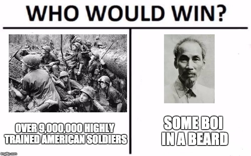 Who Would Win? Meme | SOME BOI IN A BEARD; OVER 9,000,000 HIGHLY TRAINED AMERICAN SOLDIERS | image tagged in who would win | made w/ Imgflip meme maker