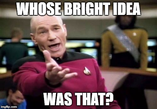 Picard Wtf Meme | WHOSE BRIGHT IDEA WAS THAT? | image tagged in memes,picard wtf | made w/ Imgflip meme maker