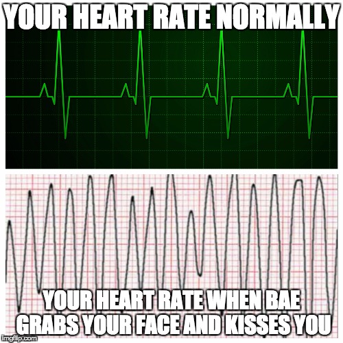 Relationships | YOUR HEART RATE NORMALLY; YOUR HEART RATE WHEN BAE GRABS YOUR FACE AND KISSES YOU | image tagged in relationships | made w/ Imgflip meme maker