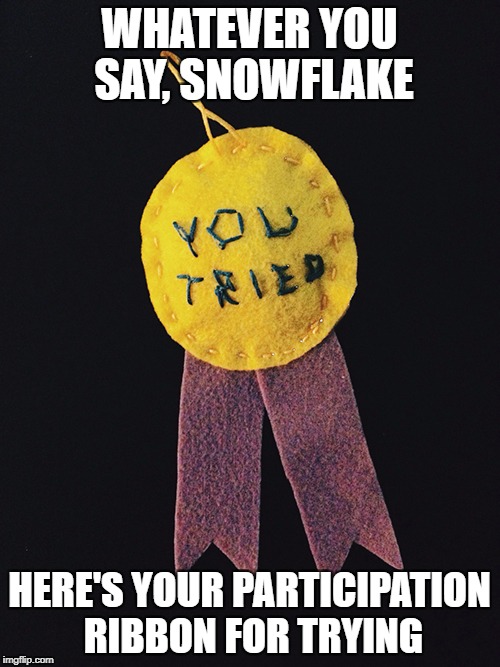 WHATEVER YOU SAY, SNOWFLAKE HERE'S YOUR PARTICIPATION RIBBON FOR TRYING | made w/ Imgflip meme maker