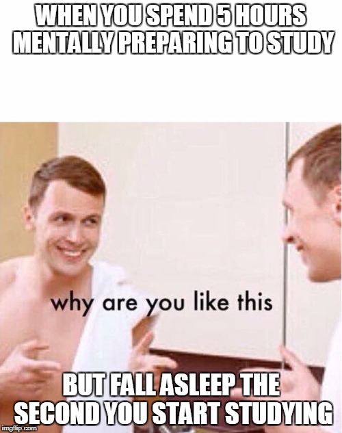 why are you like this | WHEN YOU SPEND 5 HOURS MENTALLY PREPARING TO STUDY; BUT FALL ASLEEP THE SECOND YOU START STUDYING | image tagged in why are you like this | made w/ Imgflip meme maker