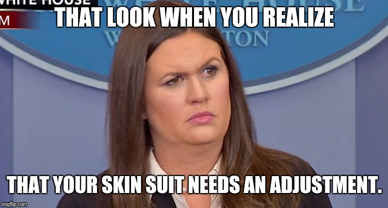 THAT LOOK WHEN YOU REALIZE; THAT YOUR SKIN SUIT NEEDS AN ADJUSTMENT. | image tagged in skin suit | made w/ Imgflip meme maker