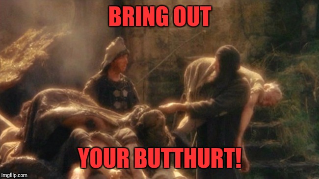 Holy Grail bring out your Dead Memes | BRING OUT; YOUR BUTTHURT! | image tagged in holy grail bring out your dead memes | made w/ Imgflip meme maker