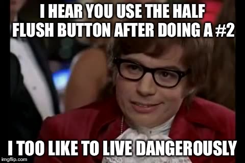 I Too Like To Live Dangerously | I HEAR YOU USE THE HALF FLUSH BUTTON
AFTER DOING A #2; I TOO LIKE TO LIVE DANGEROUSLY | image tagged in memes,i too like to live dangerously,toilet,toilet humor | made w/ Imgflip meme maker