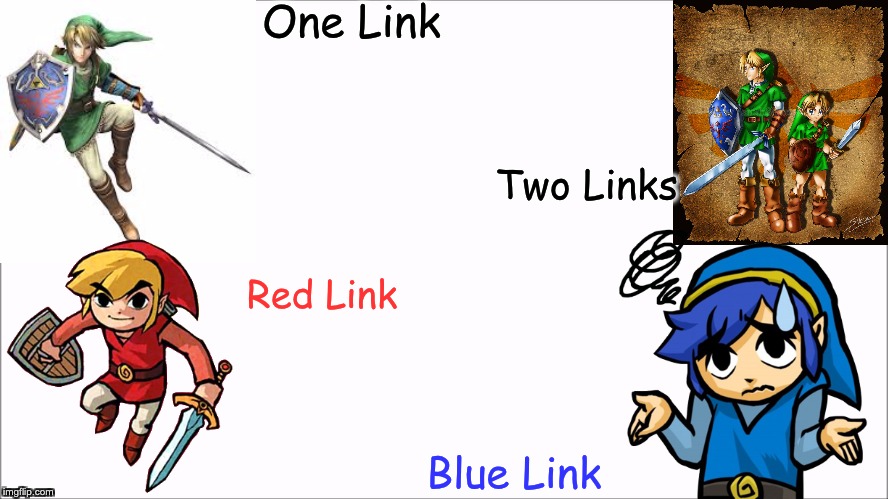 Dr Seuss' Guide to the Many Links | One Link; Two Links; Red Link; Blue Link | image tagged in the legend of zelda,dr seuss | made w/ Imgflip meme maker