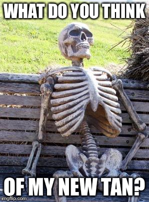 Waiting Skeleton | WHAT DO YOU THINK; OF MY NEW TAN? | image tagged in memes,waiting skeleton | made w/ Imgflip meme maker