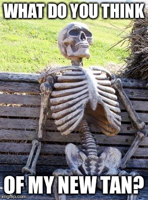 Waiting Skeleton Meme | WHAT DO YOU THINK; OF MY NEW TAN? | image tagged in memes,waiting skeleton | made w/ Imgflip meme maker