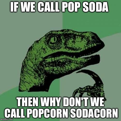 Philosoraptor | IF WE CALL POP SODA; THEN WHY DON'T WE CALL POPCORN SODACORN | image tagged in memes,philosoraptor | made w/ Imgflip meme maker