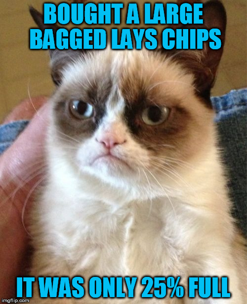 Grumpy Cat Meme | BOUGHT A LARGE BAGGED LAYS CHIPS; IT WAS ONLY 25% FULL | image tagged in memes,grumpy cat | made w/ Imgflip meme maker