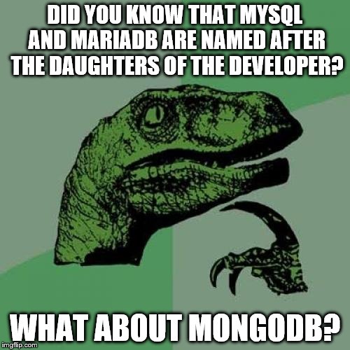 Philosoraptor Meme | DID YOU KNOW THAT MYSQL AND MARIADB ARE NAMED AFTER THE DAUGHTERS OF THE DEVELOPER? WHAT ABOUT MONGODB? | image tagged in memes,philosoraptor | made w/ Imgflip meme maker