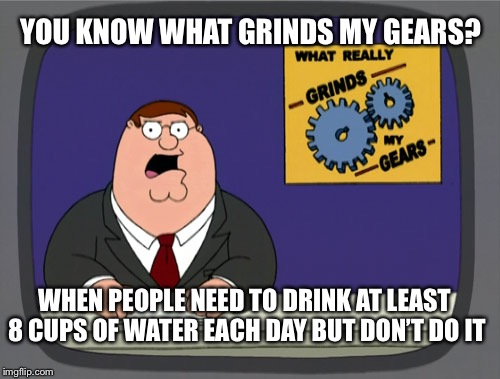 Peter Griffin News Meme | YOU KNOW WHAT GRINDS MY GEARS? WHEN PEOPLE NEED TO DRINK AT LEAST 8 CUPS OF WATER EACH DAY BUT DON’T DO IT | image tagged in memes,peter griffin news | made w/ Imgflip meme maker