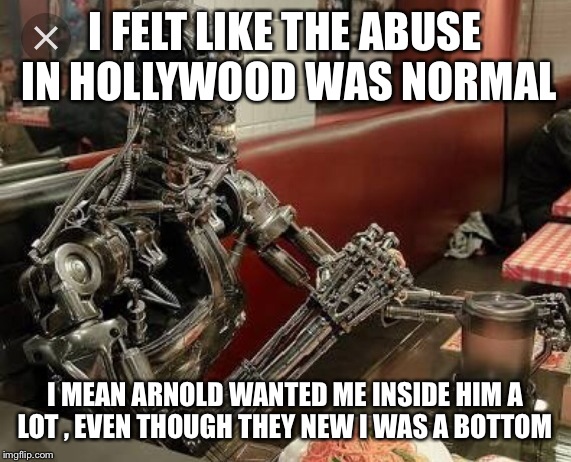 Terminator Hollywood abuse  | I FELT LIKE THE ABUSE IN HOLLYWOOD WAS NORMAL; I MEAN ARNOLD WANTED ME INSIDE HIM A LOT , EVEN THOUGH THEY NEW I WAS A BOTTOM | image tagged in terminator meme | made w/ Imgflip meme maker