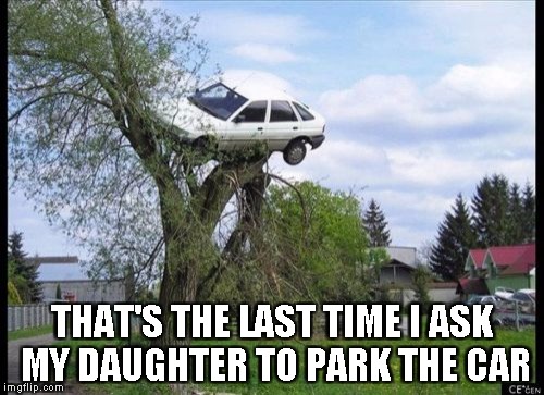 Secure Parking Meme | THAT'S THE LAST TIME I ASK MY DAUGHTER TO PARK THE CAR | image tagged in memes,secure parking | made w/ Imgflip meme maker