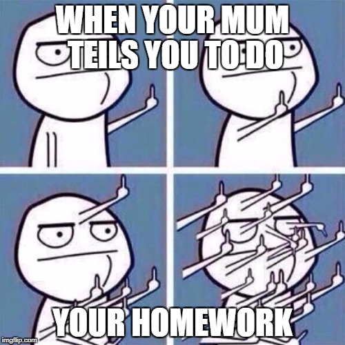 Middle Finger | WHEN YOUR MUM TEILS YOU TO DO; YOUR HOMEWORK | image tagged in middle finger | made w/ Imgflip meme maker
