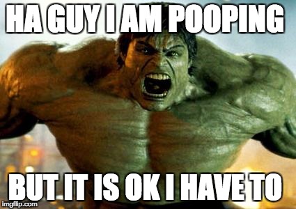 hulk | HA GUY I AM POOPING; BUT IT IS OK I HAVE TO | image tagged in hulk | made w/ Imgflip meme maker