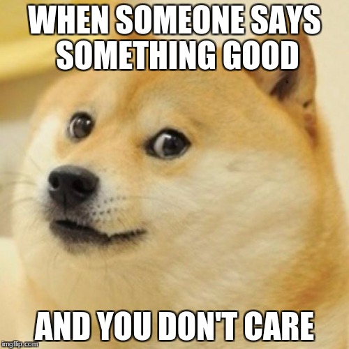 wow doge | WHEN SOMEONE SAYS SOMETHING GOOD; AND YOU DON'T CARE | image tagged in wow doge | made w/ Imgflip meme maker